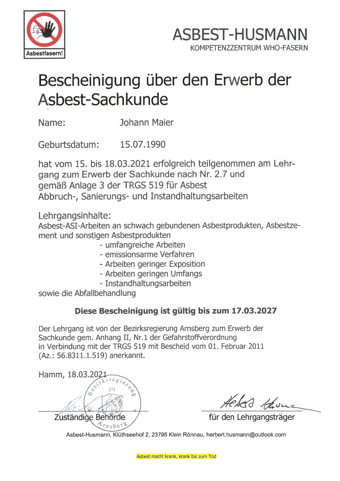Bescheinigung über den Erwerb der Asbest-Sachkunde