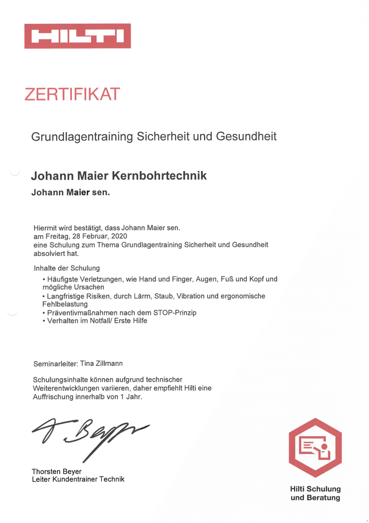 Hilti Zertifikat