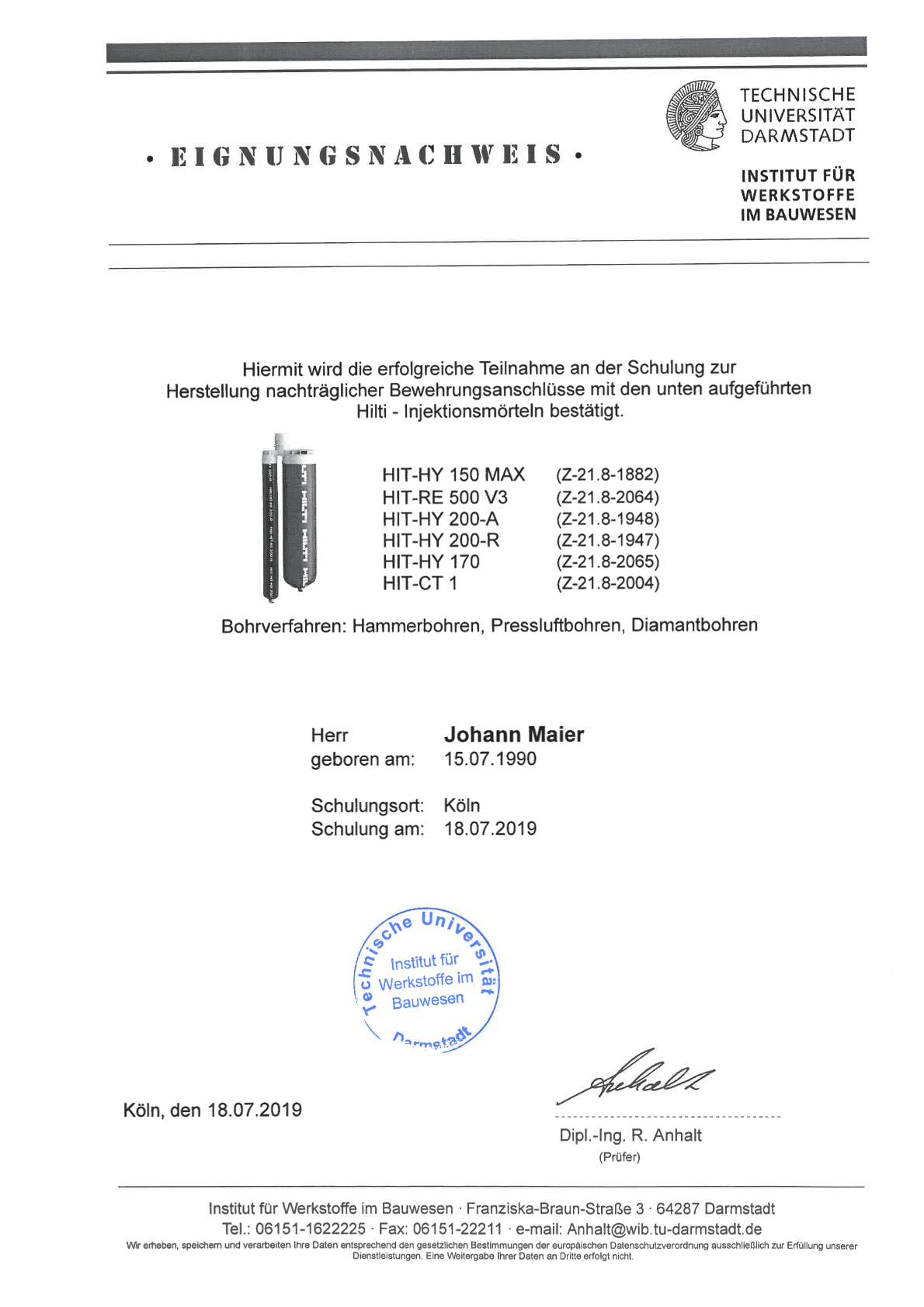 Eignungsnachweis für Injektionsmörteln