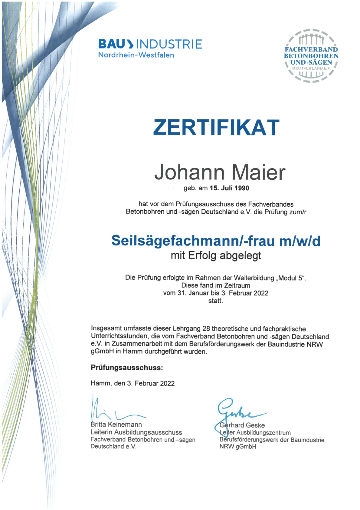 Zertifikat Seilsägefachmann